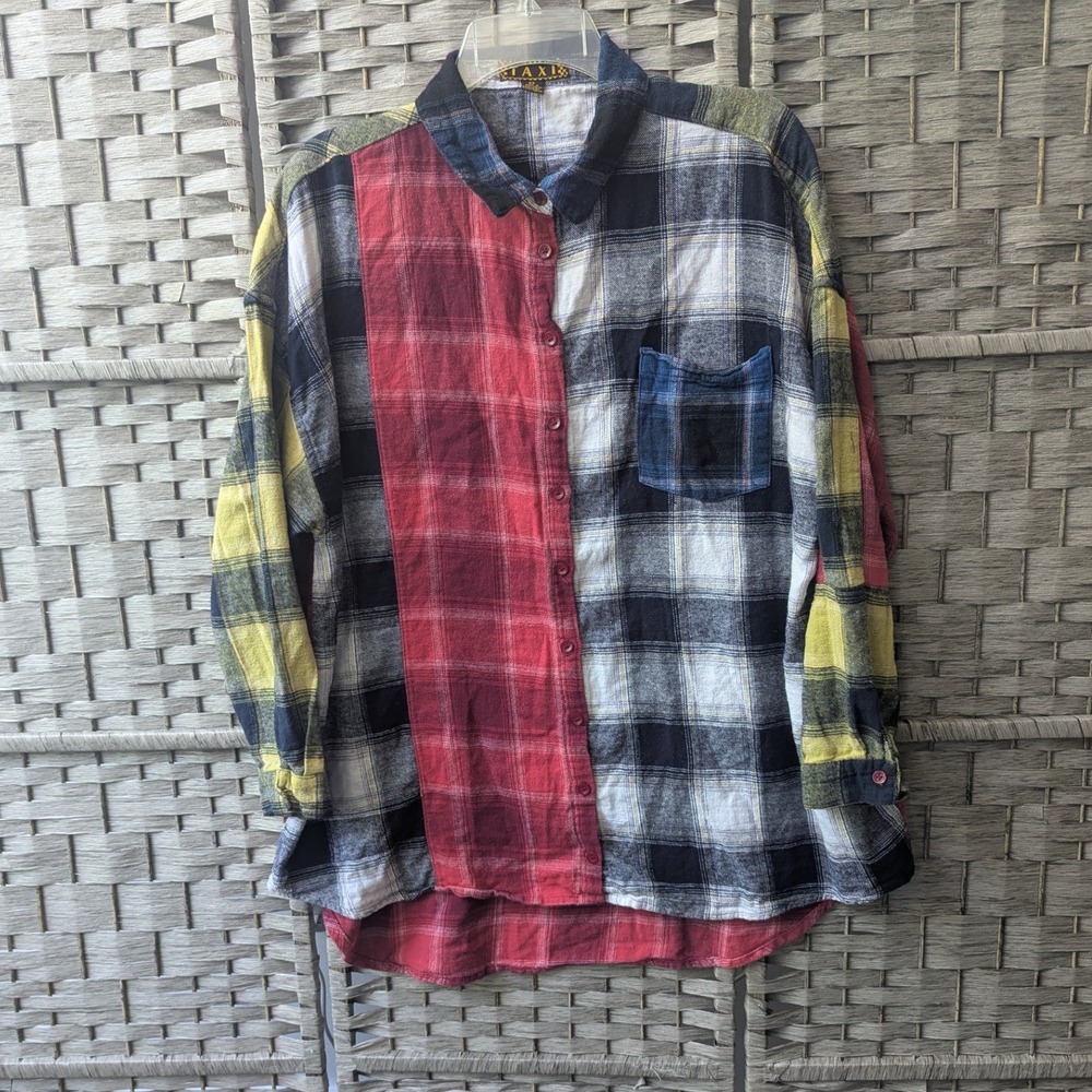 Vtg Taxi Button Down Shirt Multicolor Plaid Patchwork Flannel Sz 2X 90s Grunge